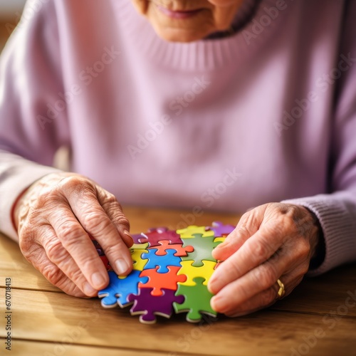 Alzheimer's disease concept: an elderly woman holds a brain-shaped symbol, reflecting the fragmented nature of memory loss.