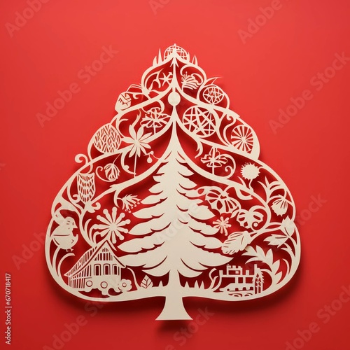 Christmas tree. Paper cut on red background with shadow, AI generator