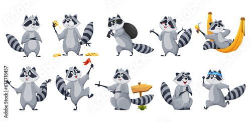 Cartoon raccoon characters. Cute racoon animal vector personages set with funny white and black stripes. Happy smiling raccoons posing, stealing food, eating and running, winking and drinking cocktail