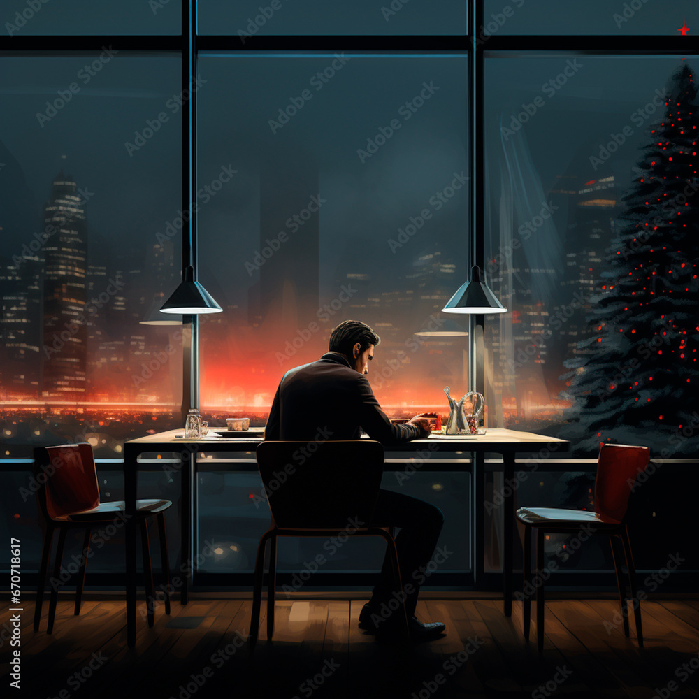 man alone in restaurant celebrating Christmas, overlooking Christmas trees