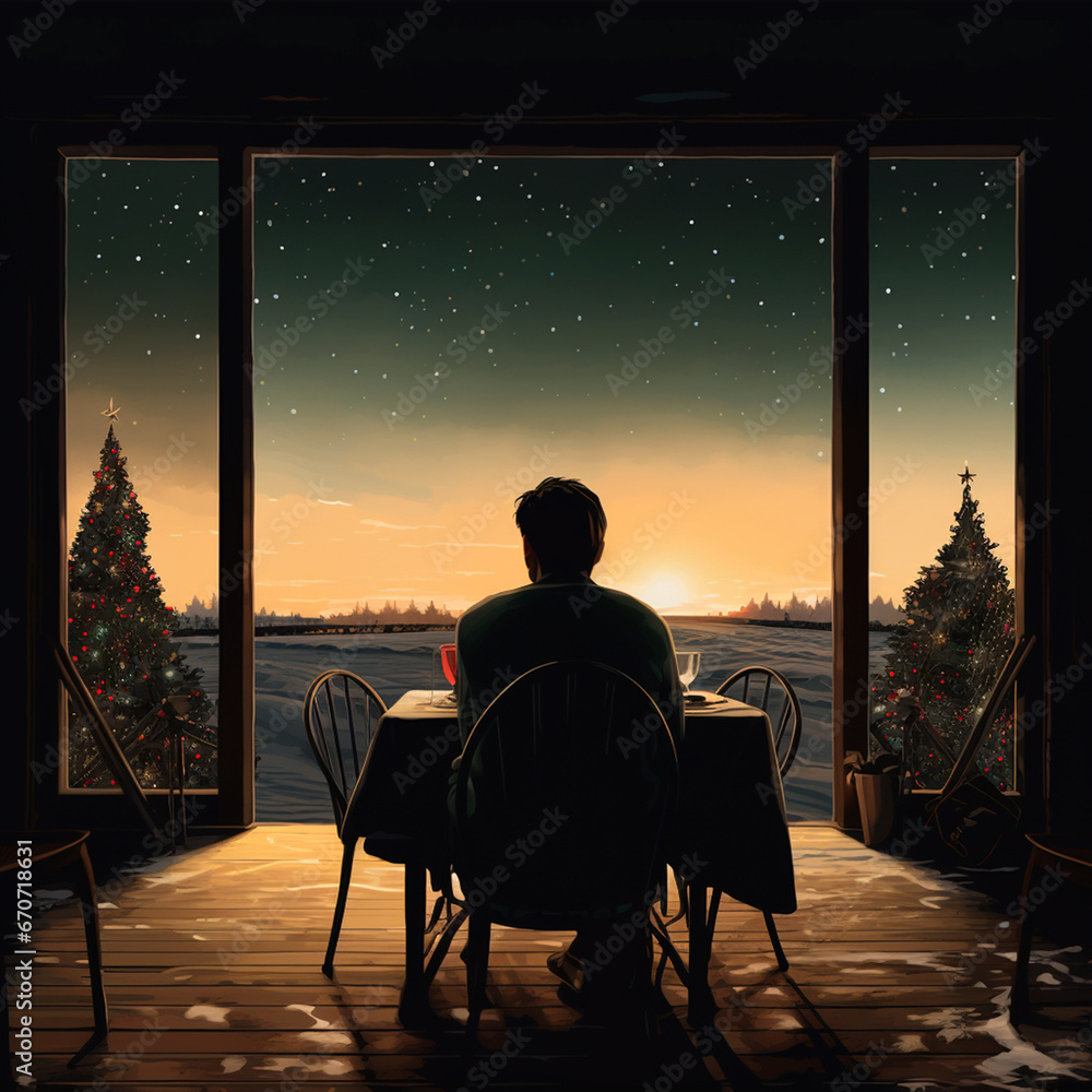 man alone at home for Christmas, with a view of Christmas trees