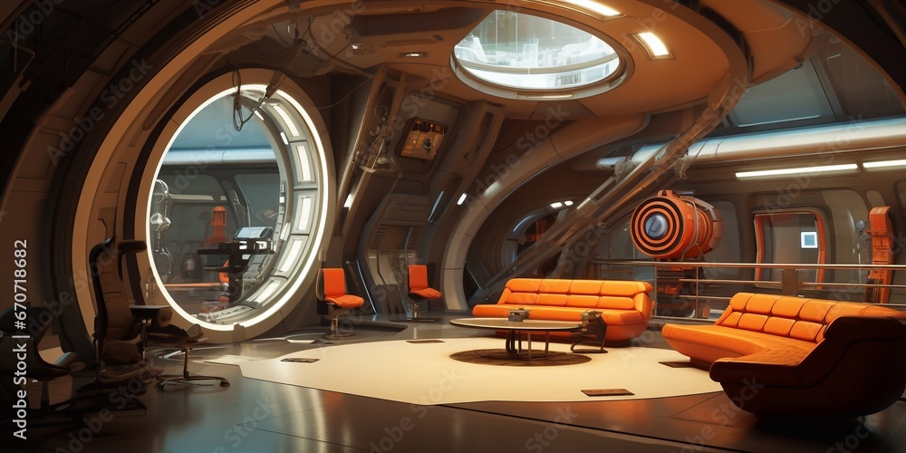 Fototapeta premium Sci Fi hi tech futuristic interior of space ship corridor. Generated AI