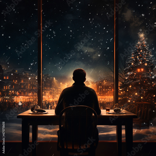 man alone at home for Christmas, with a view of Christmas trees