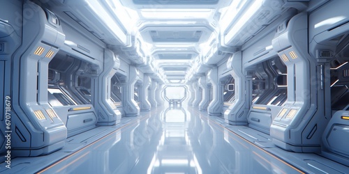 Sci Fi hi tech futuristic interior of space ship corridor. Generated AI © Mykhaylo