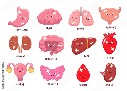 Cartoon sick body organ characters. Injured and unhealthy organ personages of vector brain, heart, blood and liver, kidneys, stomach, spleen and bladder, intestine, uterus, lungs and thyroid gland