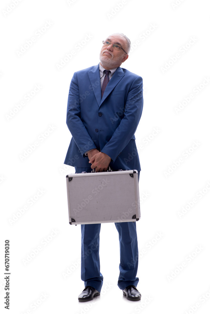 Old businessman holding case isolated on white Old businessman holding case isolated on white