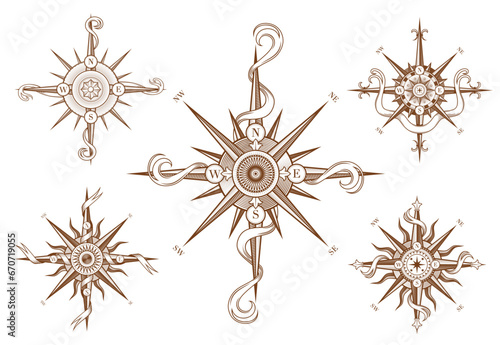 Vintage wind rose compass with medieval antique ribbons. Sea travel cartography latitude, geography map compass or ocean sailing wind rose etching vector icon. Nautical navigation direction sign