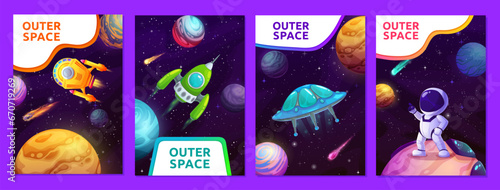 Cartoon space posters and banners with galaxy planets, alien UFO spaceship and stars, vector backgrounds. Spaceman in galaxy outer space with rocket shuttles and galactic spacecraft in universe