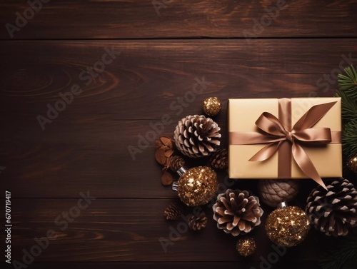 Top view of shiny Christmas balls, pine cones and gift card on wooden surface, AI generator
