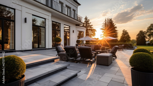 grande villa d'architecte moderne et luxueuse avec piscine et jardin paysager le soir sur la terrasse © Sébastien Jouve