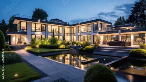 grande villa d'architecte moderne et luxueuse avec piscine et jardin paysager le soir avec illumination intérieure photo