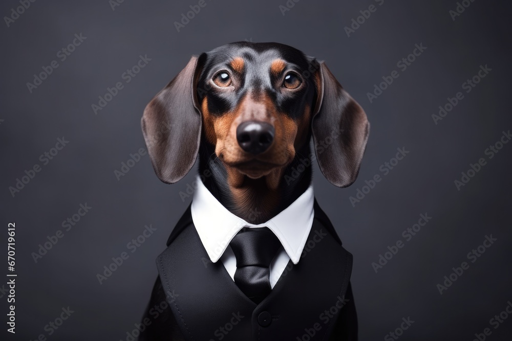dachshund dog dressed as a businessman wearing a suit looking at the camera