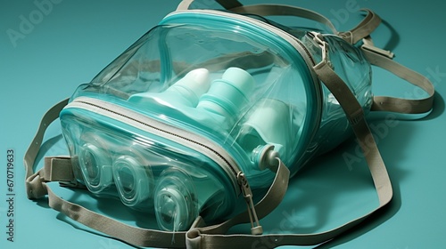 A manual resuscitator bag with a face mask and tubing. photo