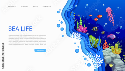Landing page, underwater paper cut or sea landscape with fish and seaweeds, vector website template. Undersea world or ocean coral reef landing page or web background with papercut jellyfish