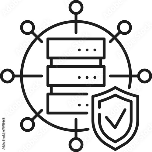 Secure connection. CDN. Content delivery network icon, Internet database upload and CDN service, website content delivery administration system line vector icon with server computer and shield