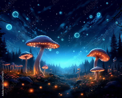 Meadow of glowing mushrooms under a moonlit sky. Surreal, dreamlike art style © Tilra