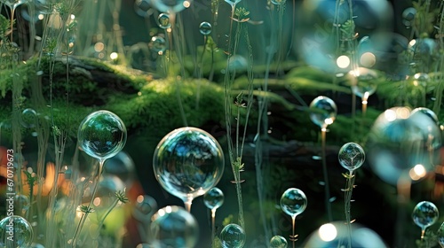  a group of bubbles floating on top of a lush green field next to a lush green field covered in grass. generative ai
