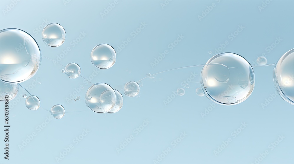  a group of bubbles floating in the air on a blue background with a light blue sky in the back ground.  generative ai