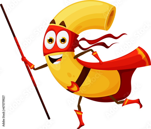 Cartoon Italian macaroni pasta superhero character, vector funny super hero food. Macaroni pasta super hero in red mask and power mantle cape fighting stick, kids comic guardian or defender ranger