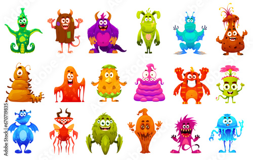 Cartoon funny monster characters. Spooky creatures, comical fantasy monsters or cute space aliens cheerful isolated vector personage or mascot collection with tentacles, horns, wings and slime bodies