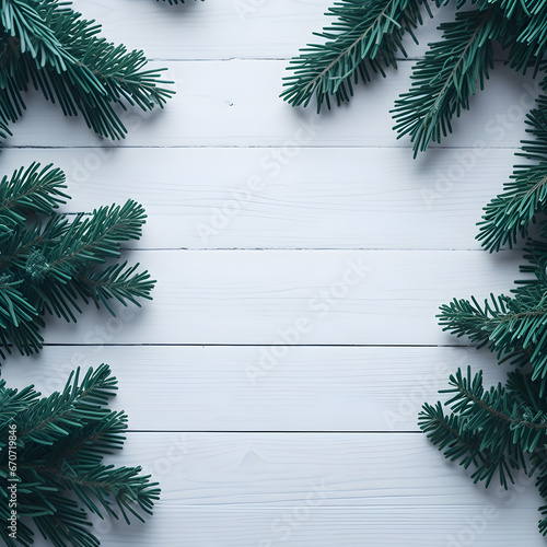 White Wooden Background with Christmas Tree Branches and Blank Text Space