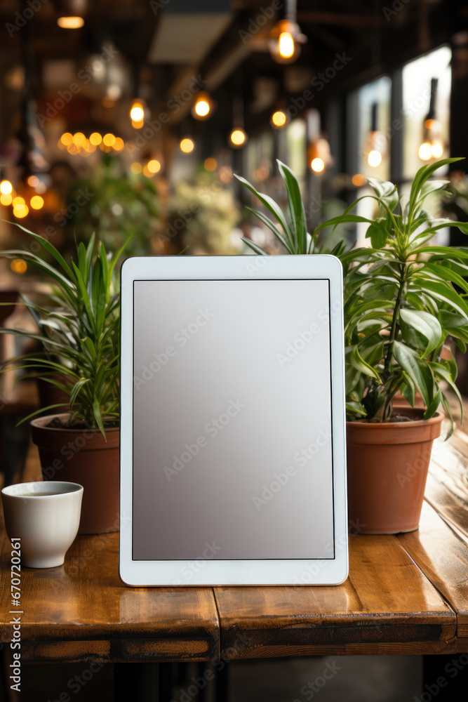 Digital tablet device on wooden table in cozy room and cafeteria with flowers and a mug of coffee Digital tablet device on wooden table in cozy room and cafeteria with flowers and a mug of coffee
