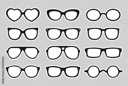 Collection of trendy hipster sunglasses. Fashion sunglasses, black silhouettes, summer accessory. Icons, stickers, vector photo