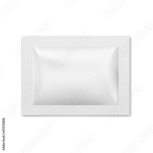 Realistic white sachet bag for food or spices isolated 3d vector mockup. Paper or foil rectangular pack, blank packaging for coffee, tea, salt, sugar, wet wipes wrapper or sauce top view