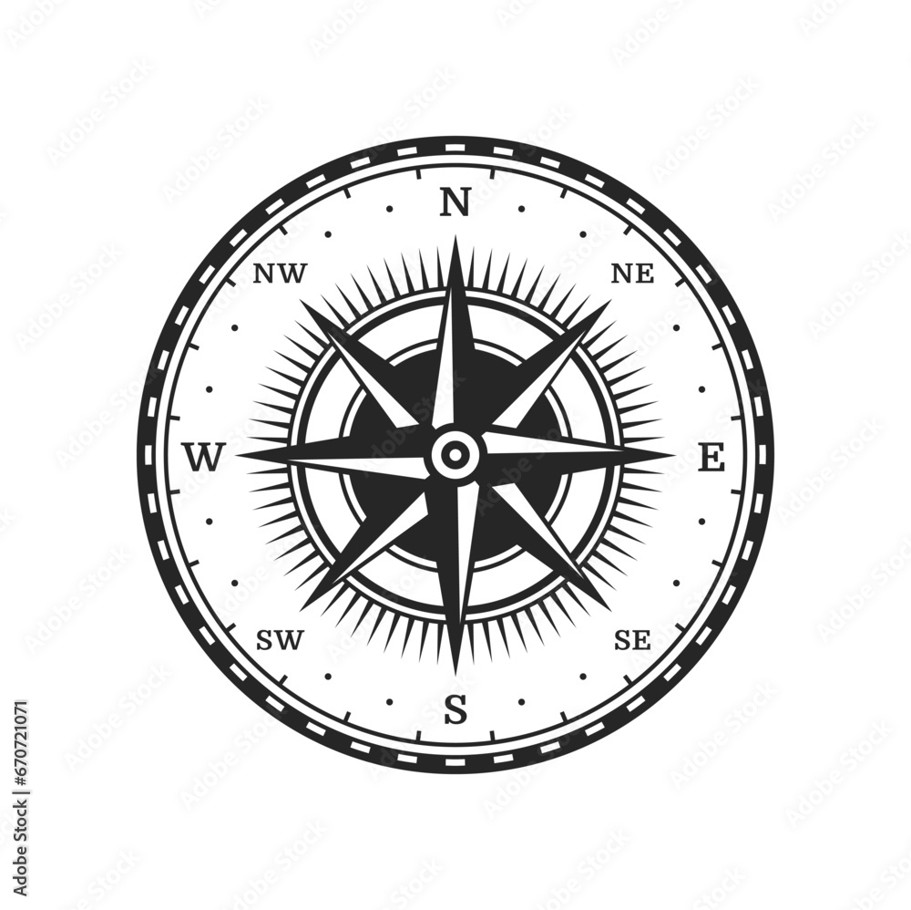 Old compass. Vintage map wind rose, vector North, South, East and West direction arrows star symbol. Sea travel and adventure, antique cartography and marine journey sign with nautical compass dial