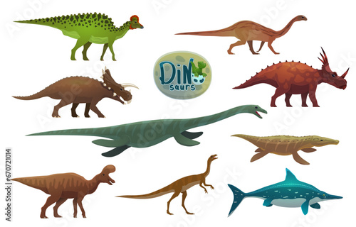 Cartoon dinosaurs  ancient reptiles characters. Prehistoric reptile vector personages. Mussaurus  Elaphrosaurus  Avaceratops and Corythosaurus  Lambeosaurus  Styracosaurus dinosaurs characters