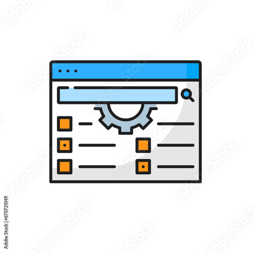 SERP settings icon of search engine result page, web marketing and internet advertising optimization, line vector. SERP settings pictogram of user website panel for digital media content management