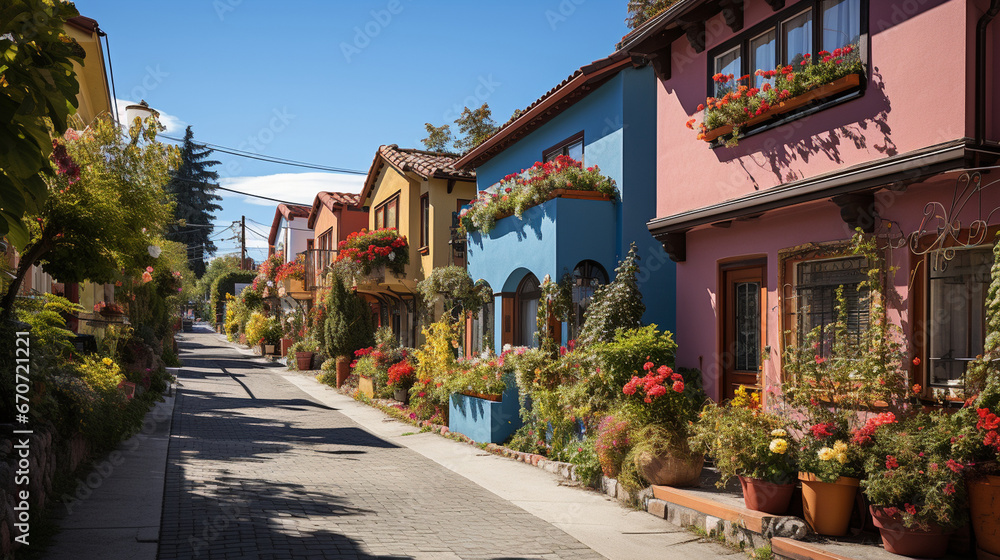 A multicultural neighborhood with colorful houses and gardens