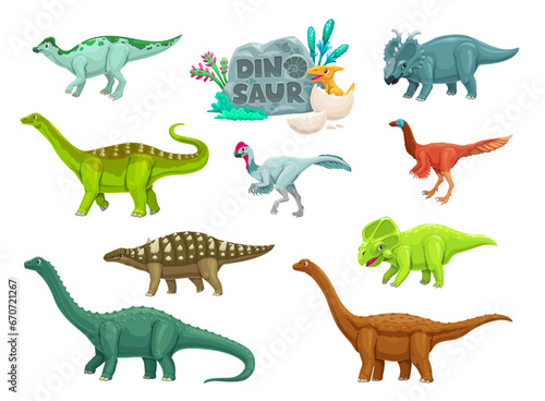 Cartoon dinosaurs ancient reptiles cute characters. Extinct reptiles funny vector personages. Jaxartosaurus  Magyarosaurus  Elmisaurus and Garudimimus  Pachyrhinosaurus  Struthiosaurus dinosaur mascot