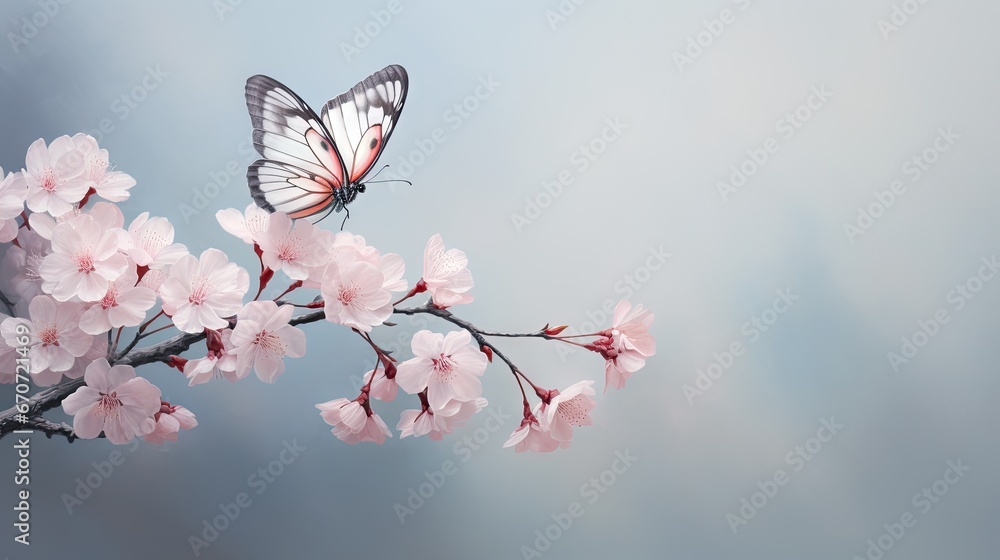  a butterfly sitting on a branch of a cherry blossom tree with pink flowers in the foreground and a blue sky in the background.  generative ai - obrazy, fototapety, plakaty 