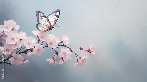  a butterfly sitting on a branch of a cherry blossom tree with pink flowers in the foreground and a blue sky in the background.  generative ai photo
