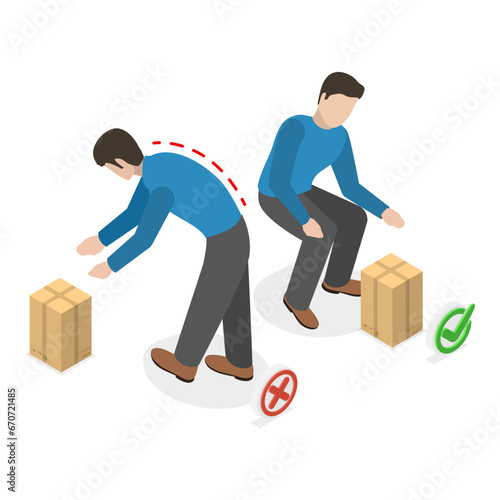 3D Isometric Flat Vector Illustration of How To Carry Heavy Goods, Safe and Incorrect Weights Lifting. Item 3
