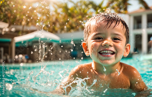 portrait of a little boy swimming in the pool