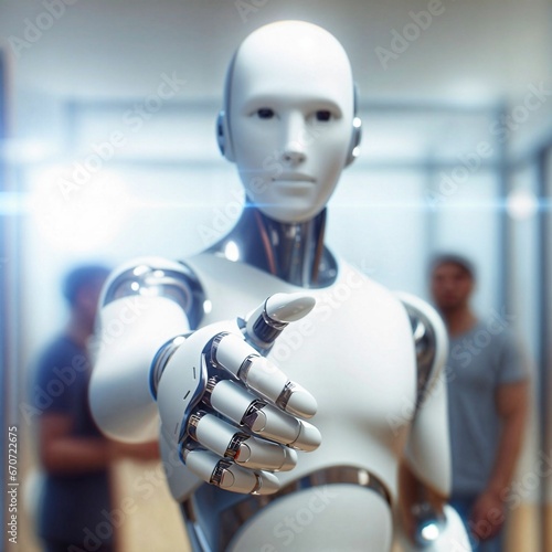 Closeup of an AI robot offering handshake. Shaking hands with a friendly cyborg robot assistant. Artificial intelligence. Futuristic robotic concept. Technology Concept. AGI. ASI. Generative AI
