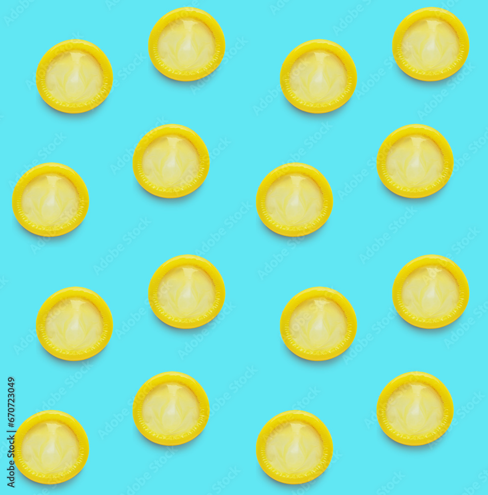Many condoms on light blue background. Pattern for design Many condoms on light blue background. Pattern for design