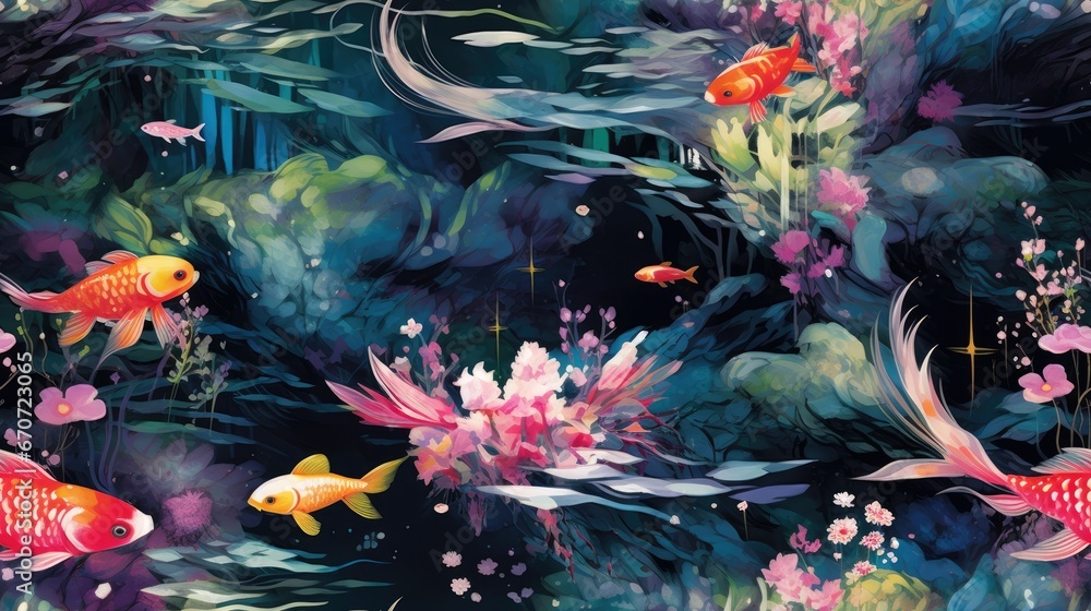  a painting of a group of goldfish swimming in a pond of water with pink and green plants and flowers.  generative ai