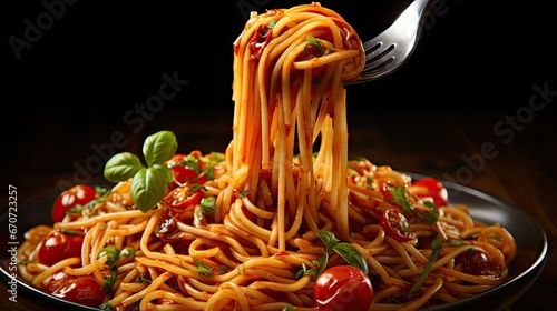  a fork full of spaghetti with tomatoes and basil on a plate with a fork stuck in the top of it.  generative ai photo