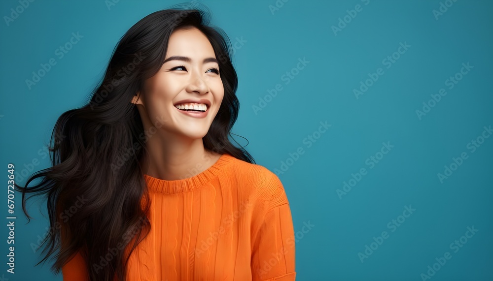 Radiant asian woman in orange sweater on blue background Radiant asian woman in orange sweater on blue background