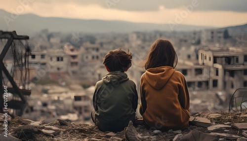 Unrecognizable children gazing at a devastated city