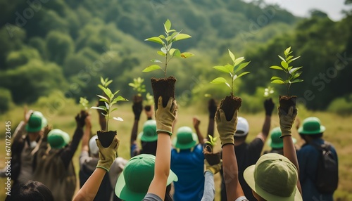 Group of people planting trees and reforesting photo