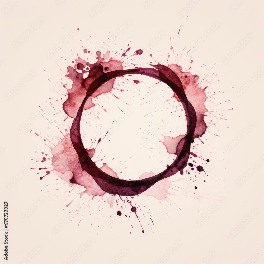 Wine stain red watercolor glass mark ring circle isolated drink background drop white alcohol. Red stain stamp spot paper wine splash cup texture splatter spill water round art winery blot trace. - obrazy, fototapety, plakaty 