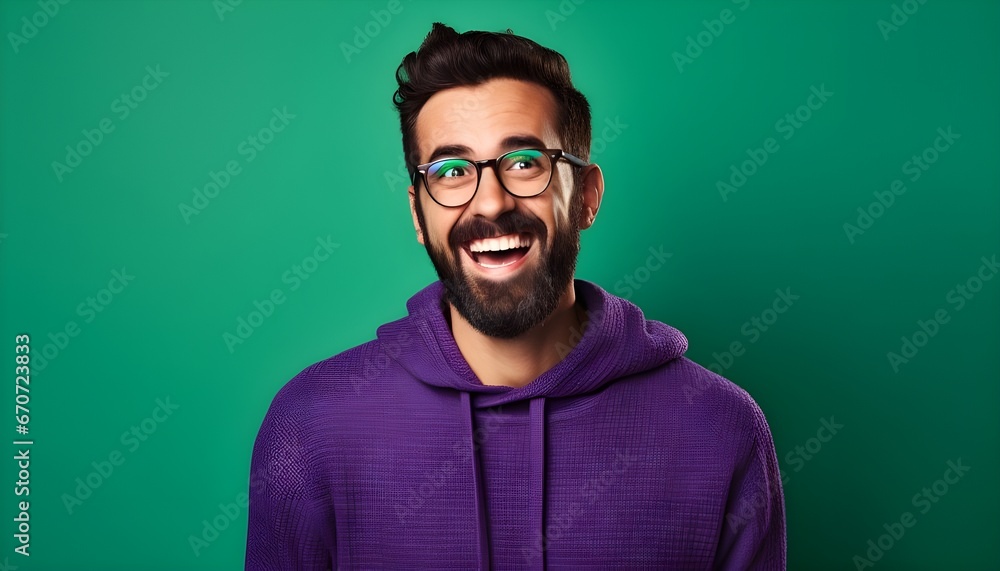 Fototapeta premium Excited man in purple hoodie on green background