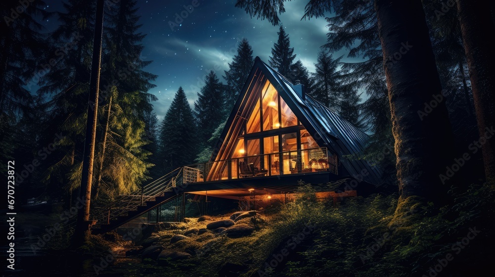 a cabin in the woods at night with a lit up porch and stairs leading to ...