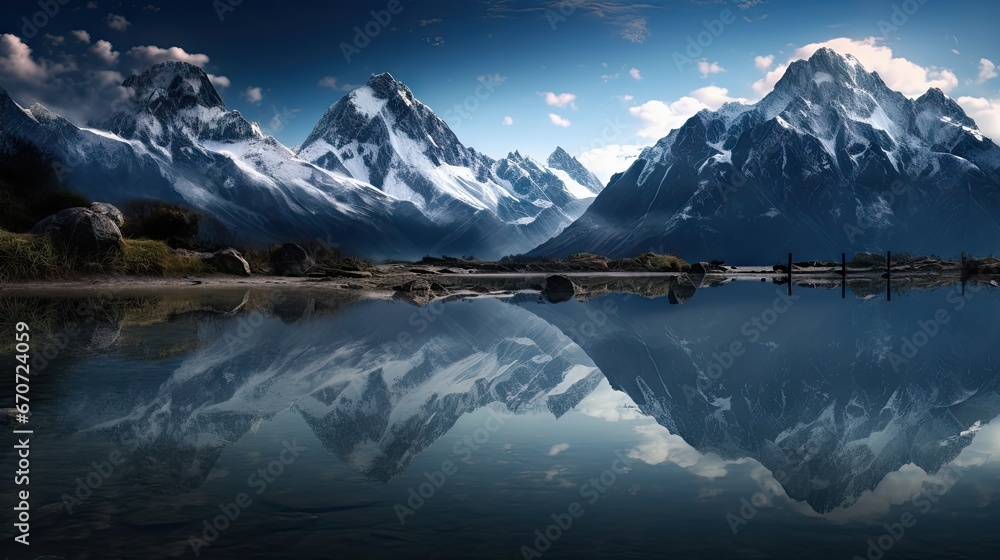  a mountain range is reflected in the still water of a lake in the foreground, with a blue sky and clouds in the background.  generative ai