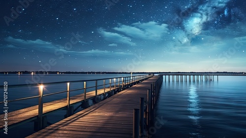  a pier that is next to a body of water under a night sky with stars and the moon in the sky.  generative ai