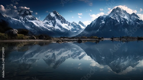  a mountain range is reflected in the still water of a lake in the foreground, with a blue sky and clouds in the background. generative ai